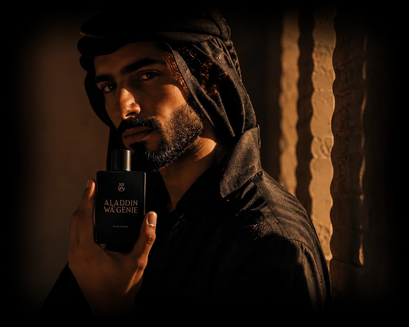 Aladdin Wa·Genie perfume presented in warm evening light